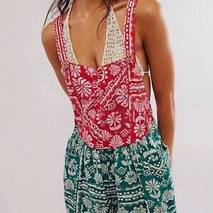 Free People Red and Green Floral Jumpsuit